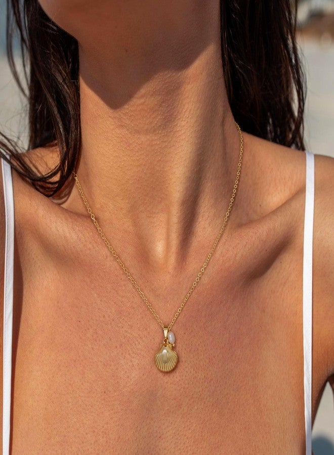 Ewrkbrㅤ Ewrkbr Summer Beach Necklace for Women,14k Gold Plated Cute Boho Pearl Shell Choker Necklaces for Women Trendy Dainty Seashell Gold Charm Necklace Waterproof Jewelry Womens - Image 2